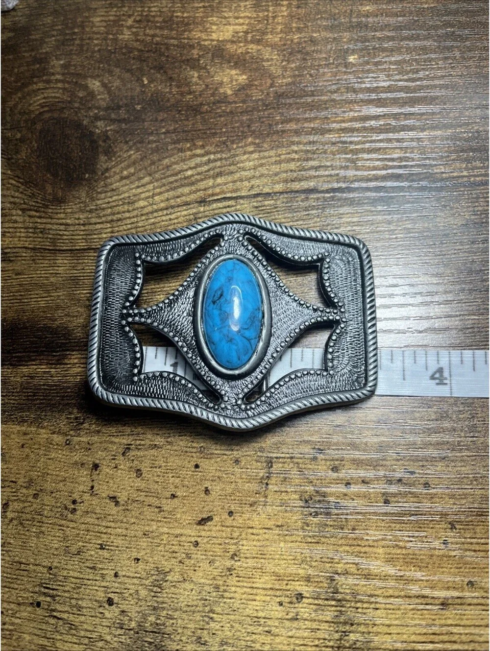 Western Rectangular Belt Buckle Black Metal Blue Oval Stone Accent 1.5in